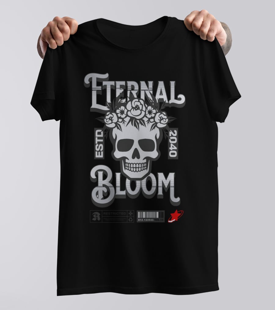 ETERNAL BLOOM ESTD 2040 Skull Roses Barcode Red Rocket T-Shirt