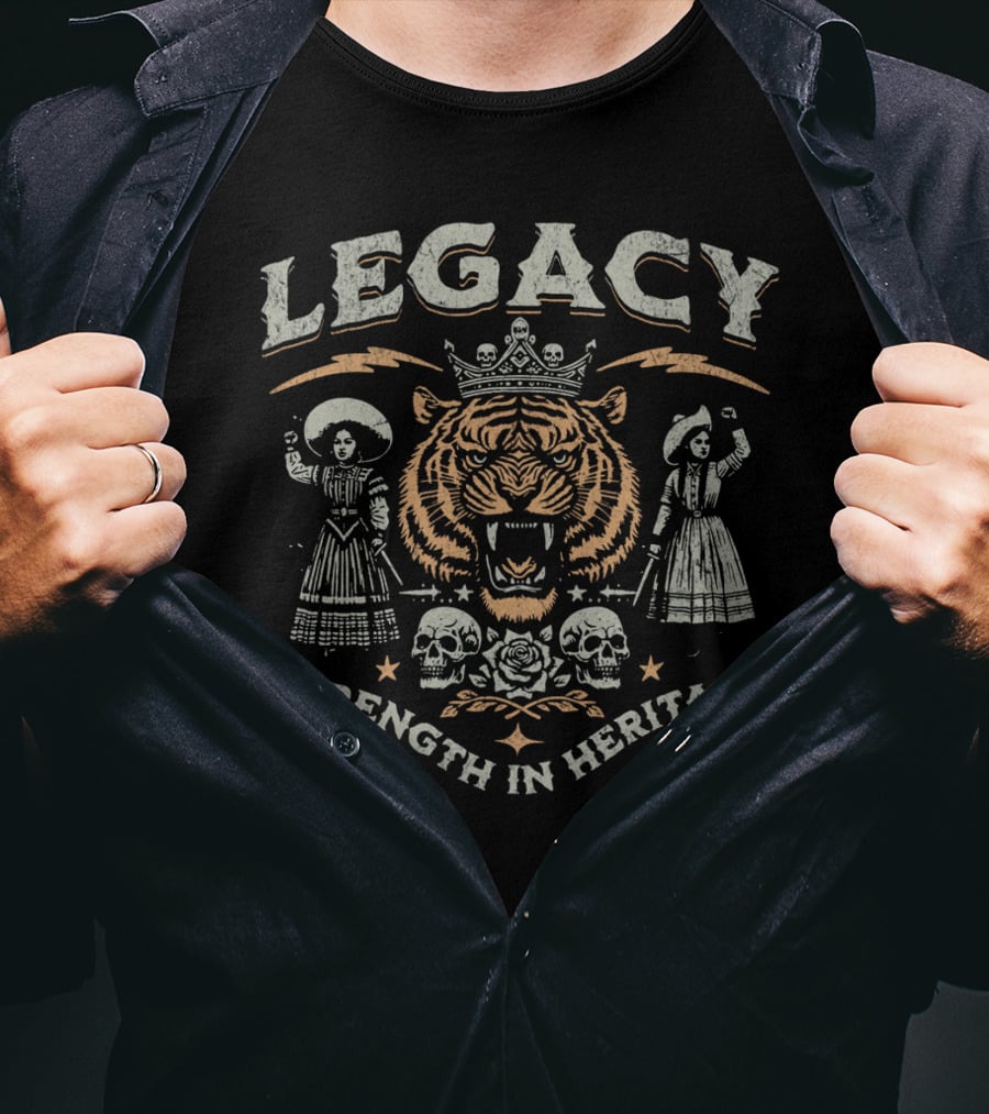 Legacy Strength In Heritage Tiger Skulls And Flowers T-Shirt