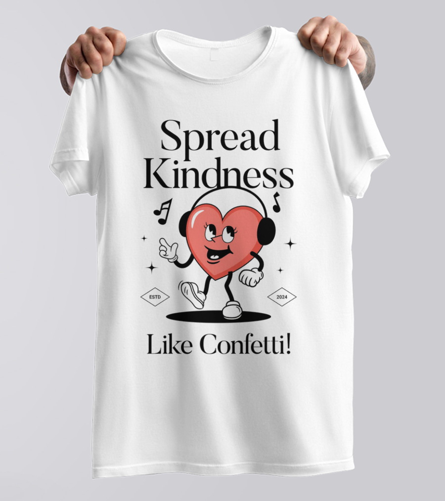 Spread Kindness Like Confetti Heart Character With Headphones Music Notes T-Shirt