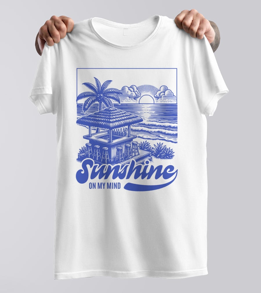 Sunshine On My Mind Vintage Beach Hut And Sunset Scene T-Shirt