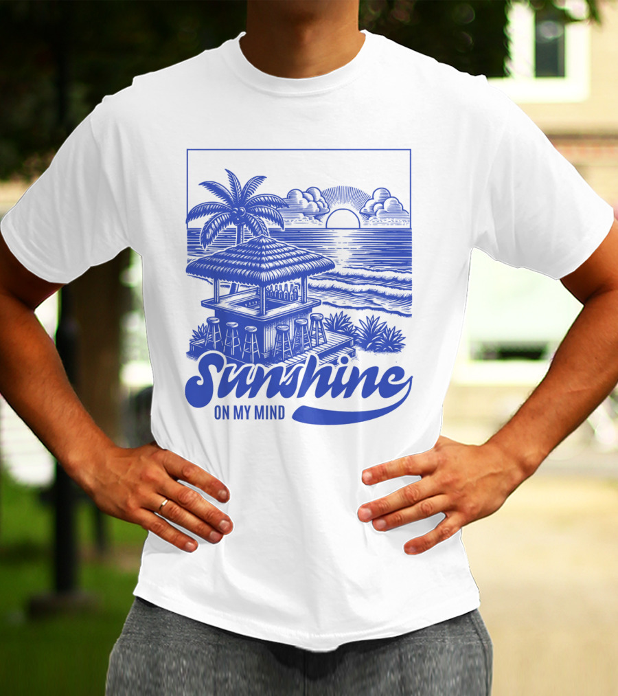 Sunshine On My Mind Vintage Beach Hut And Sunset Scene T-Shirt