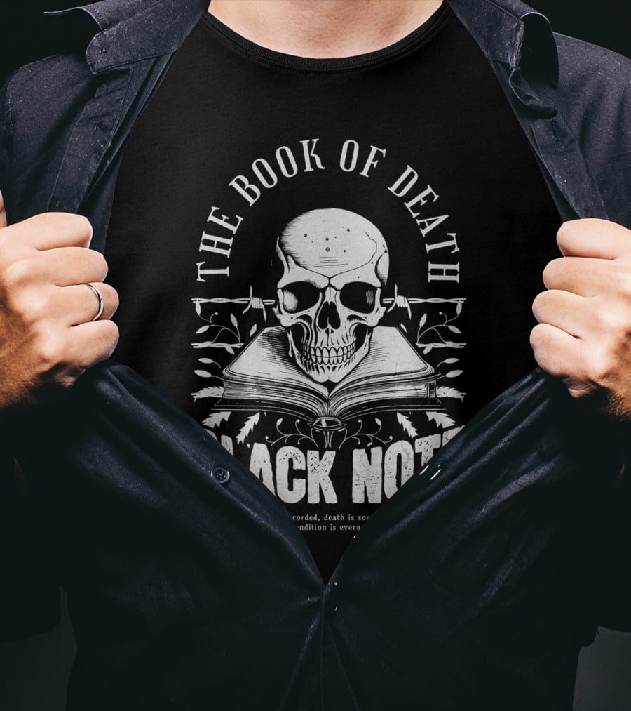 The Book Of Death Black Note Skull With Open Book T-Shirt