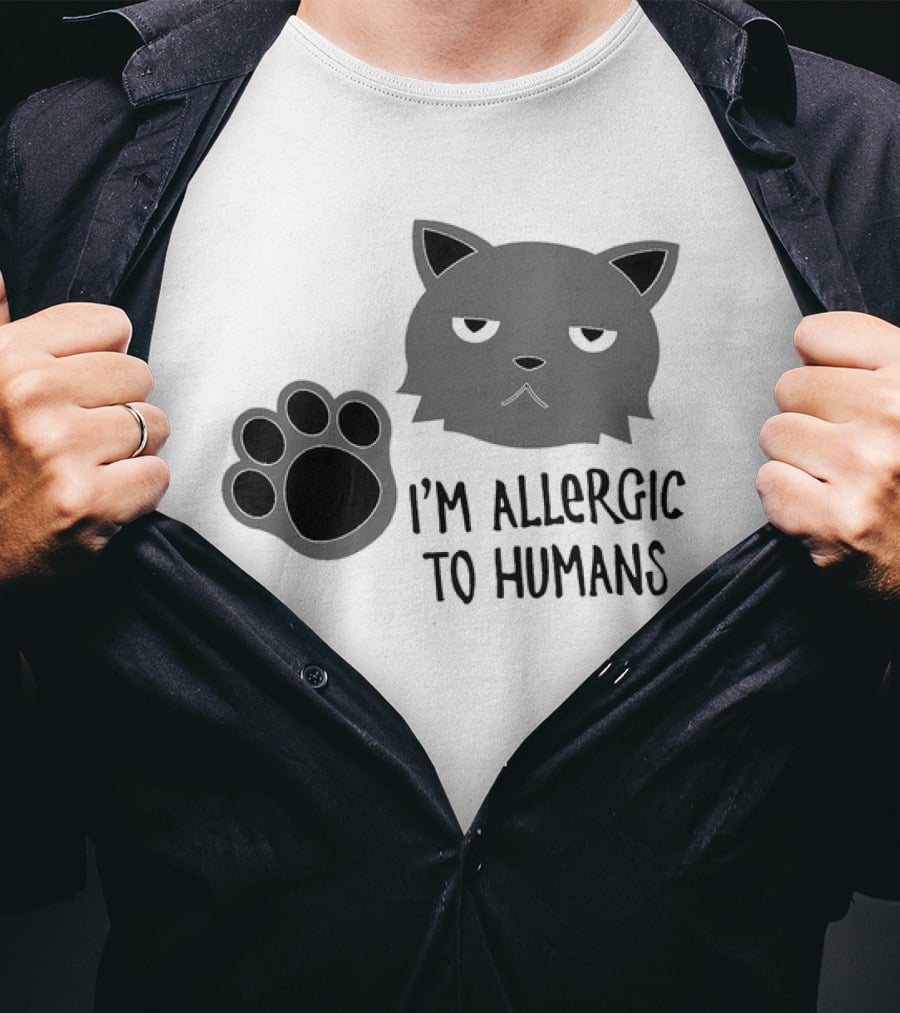 Cat I'm Allergic To Humans Shirt With Grumpy Feline Face And Paw Prints T-Shirt