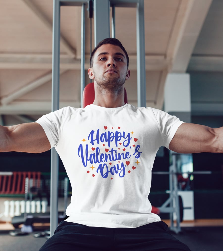 Happy Valentine's Day Blue Script With Hearts And Stars T-Shirt