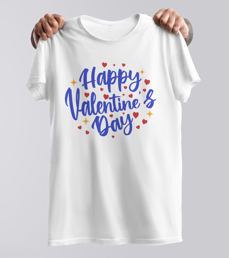Happy Valentine's Day Blue Script With Hearts And Stars T-Shirt