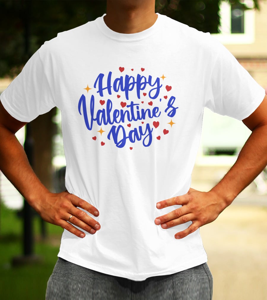 Happy Valentine's Day Blue Script With Hearts And Stars T-Shirt