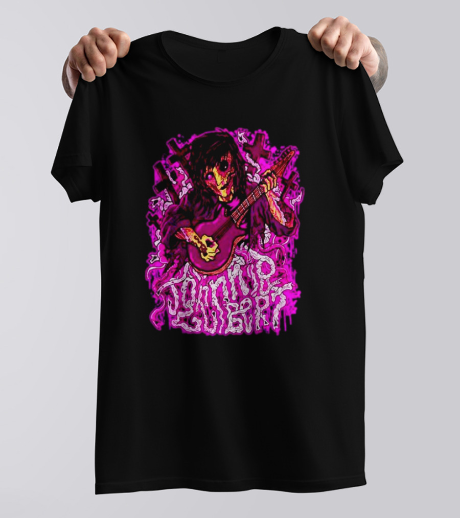 Zombie Johnnie Guilbert Playing Guitar With Pink Crosses And Skull T-Shirt