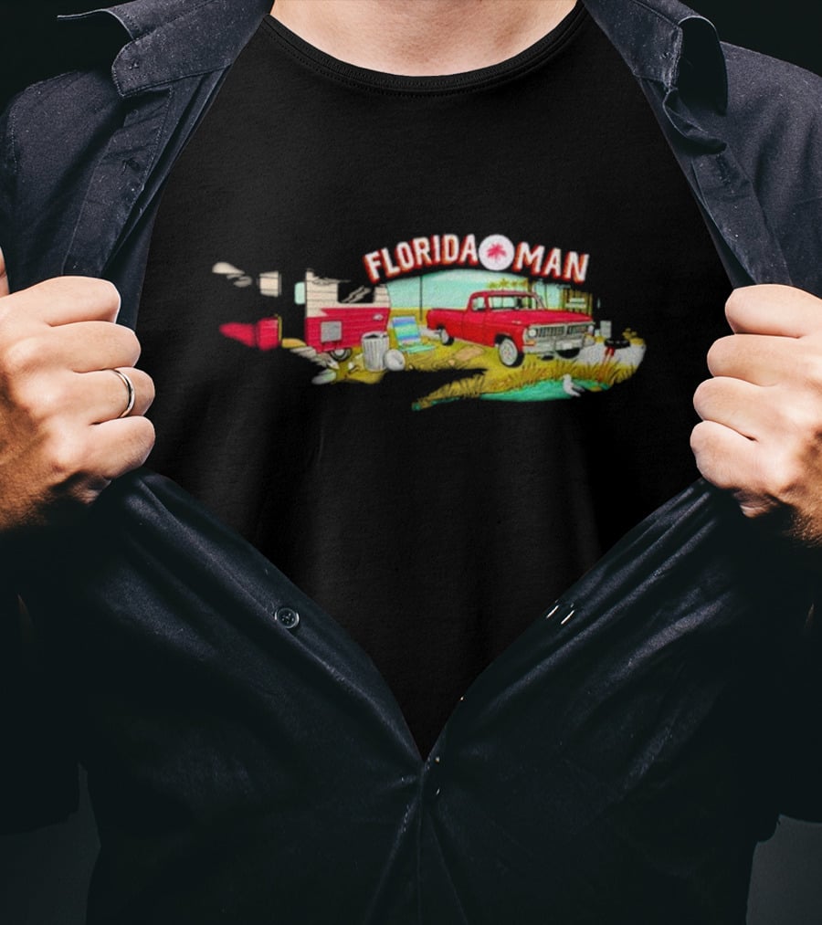 Florida Man Gator Trailer Retro Red Truck Scene T-Shirt