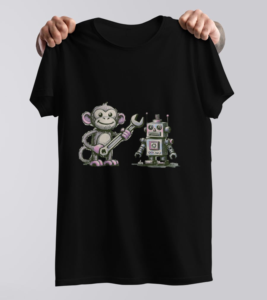 Monkey Wrench Holding Monkey And Robot Companion T-Shirt