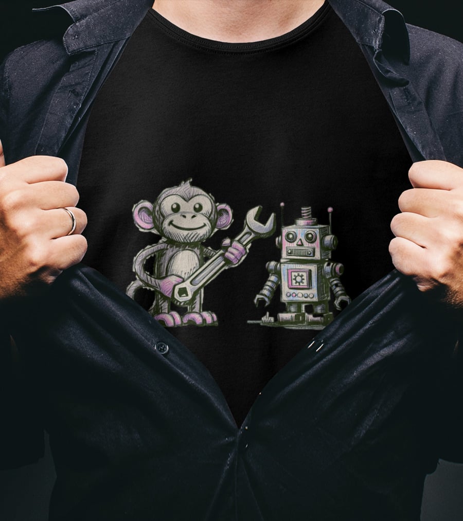 Monkey Wrench Holding Monkey And Robot Companion T-Shirt