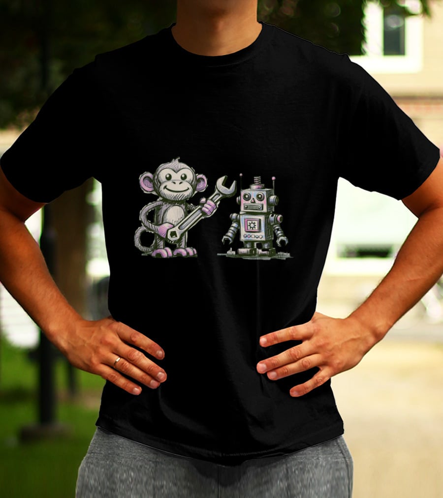 Monkey Wrench Holding Monkey And Robot Companion T-Shirt