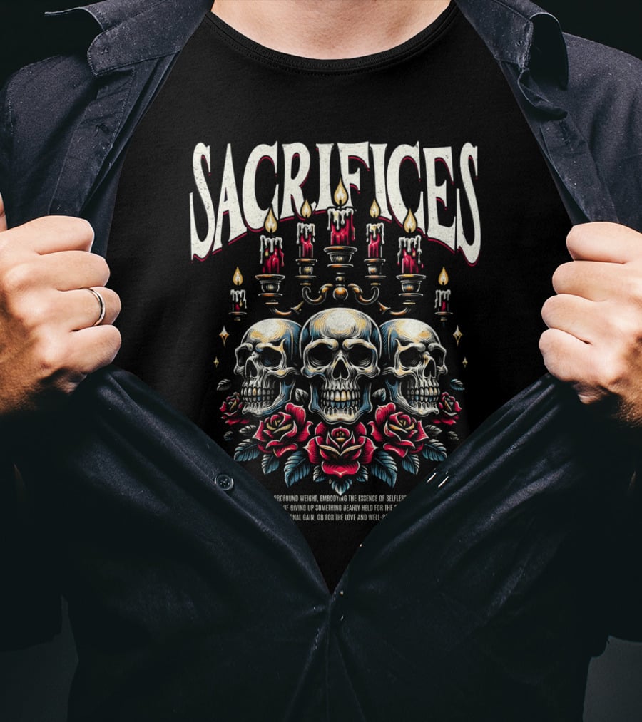 SACRIFICES Skulls Candles Roses Profound Weight Emotions Human Resilience Transcending Personal Gain T-Shirt