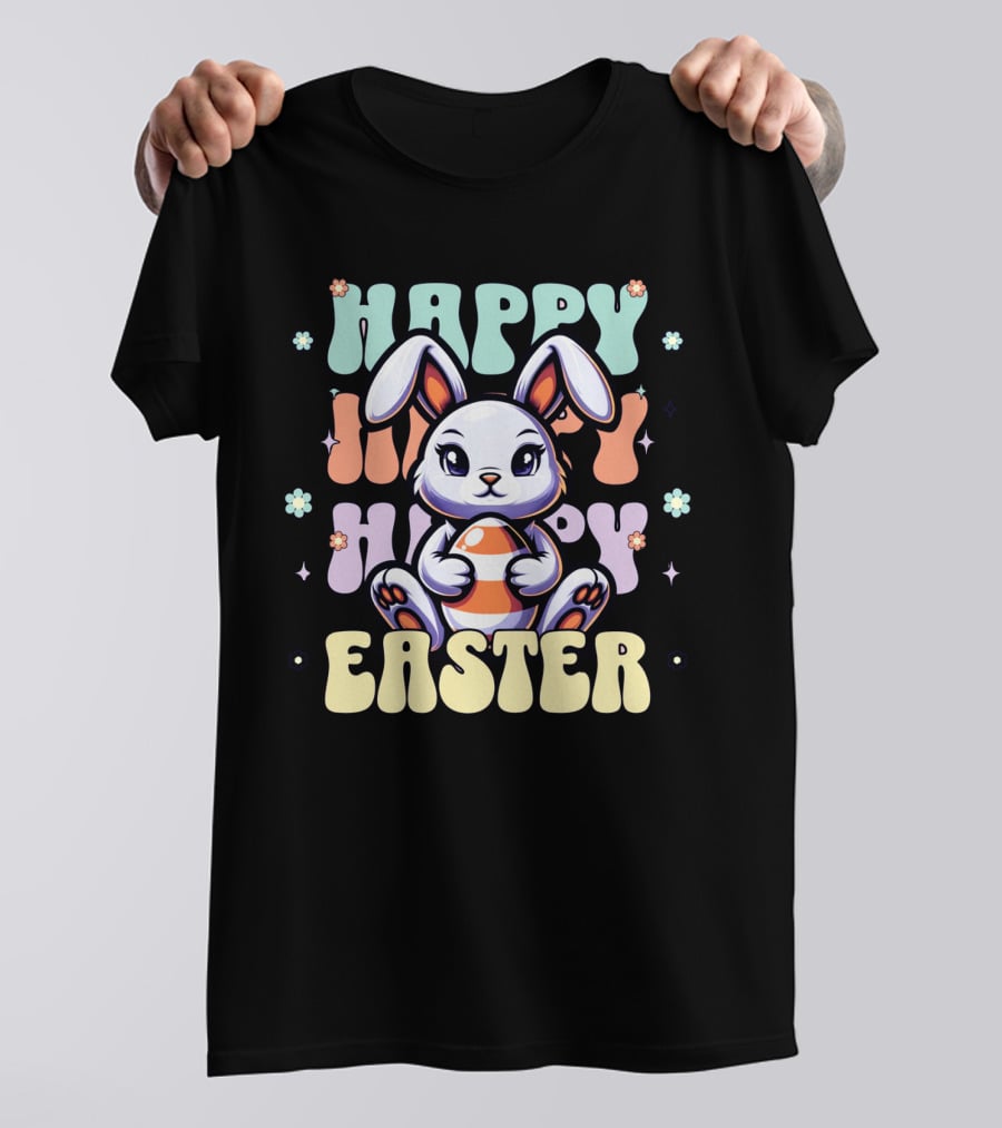 Happy Easter Bunny Holding Egg Pastel Flowers T-Shirt