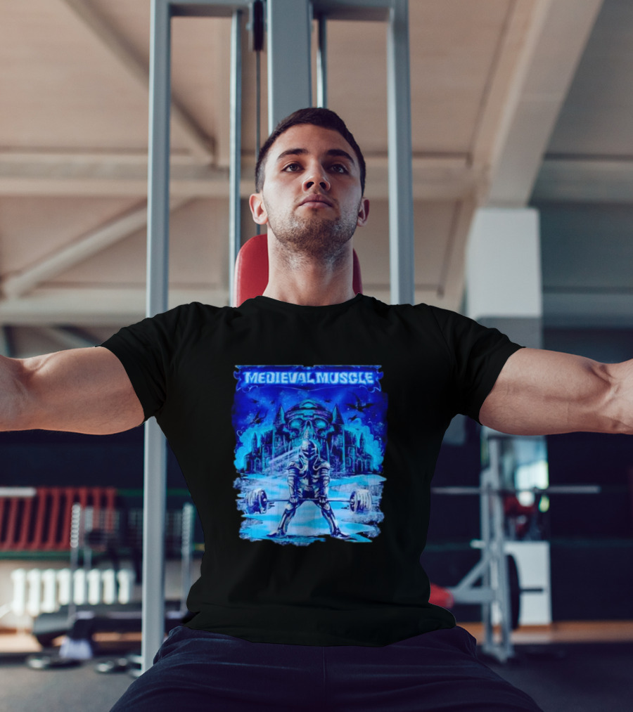 Medieval Muscle Knight Lifting Weights In Gothic Castle Scene T-Shirt