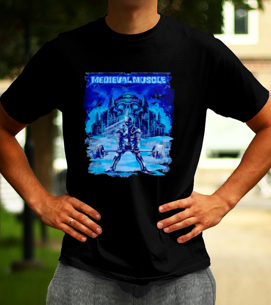 Medieval Muscle Knight Lifting Weights In Gothic Castle Scene T-Shirt
