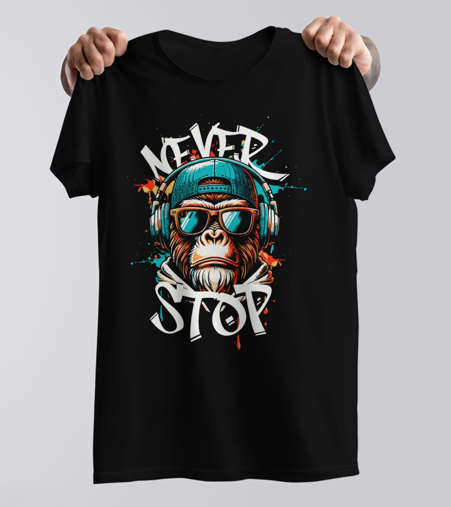 NEVER STOP Cool Monkey In Headphones T-Shirt