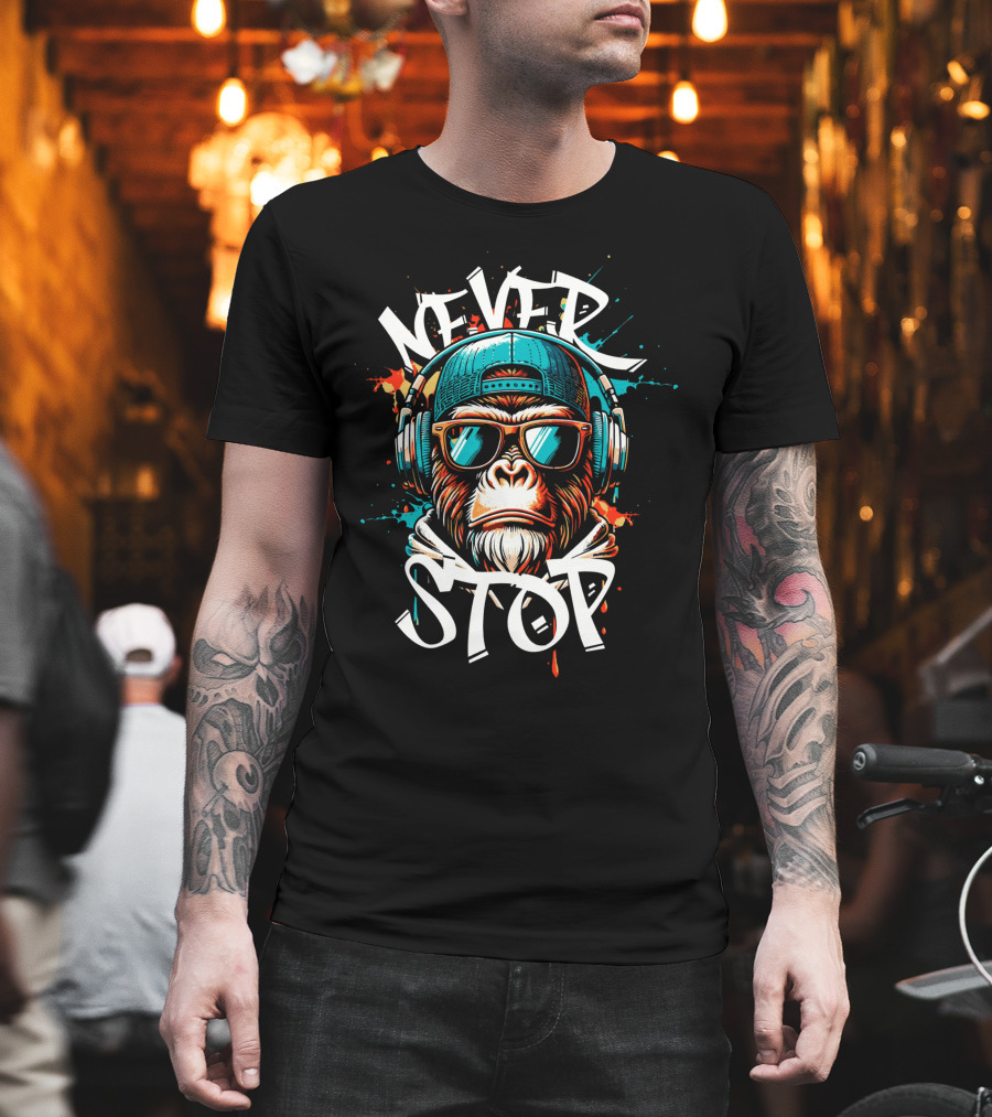 NEVER STOP Cool Monkey In Headphones T-Shirt