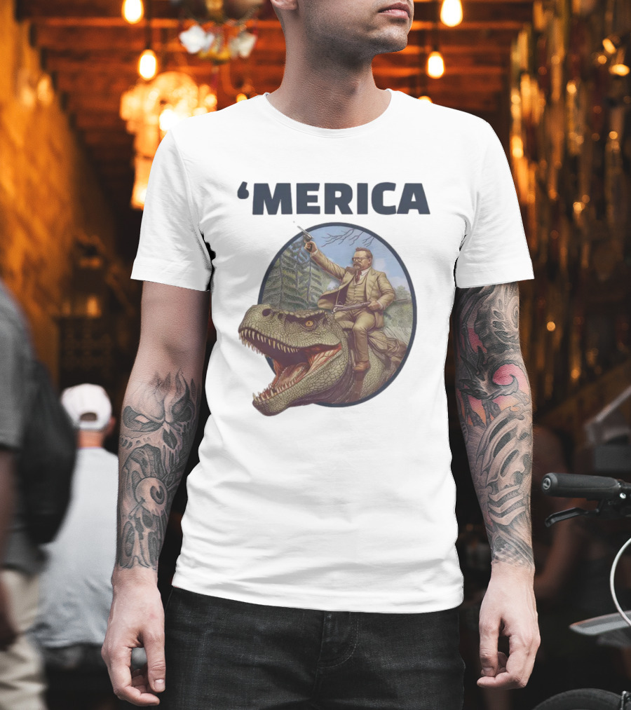 Macrodosing 'Merica Roosevelt Riding Dinosaur With Gun T-Shirt