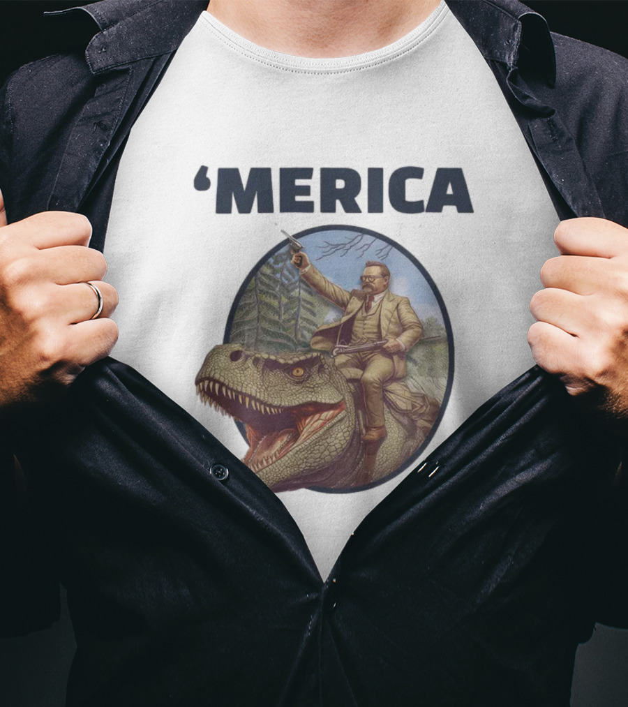 Macrodosing 'Merica Roosevelt Riding Dinosaur With Gun T-Shirt