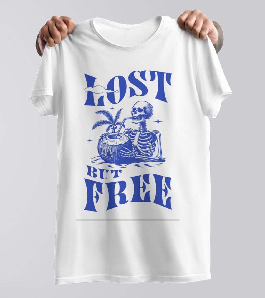 Lost But Free Skeleton With Coconut Drink Beach Vintage T-Shirt