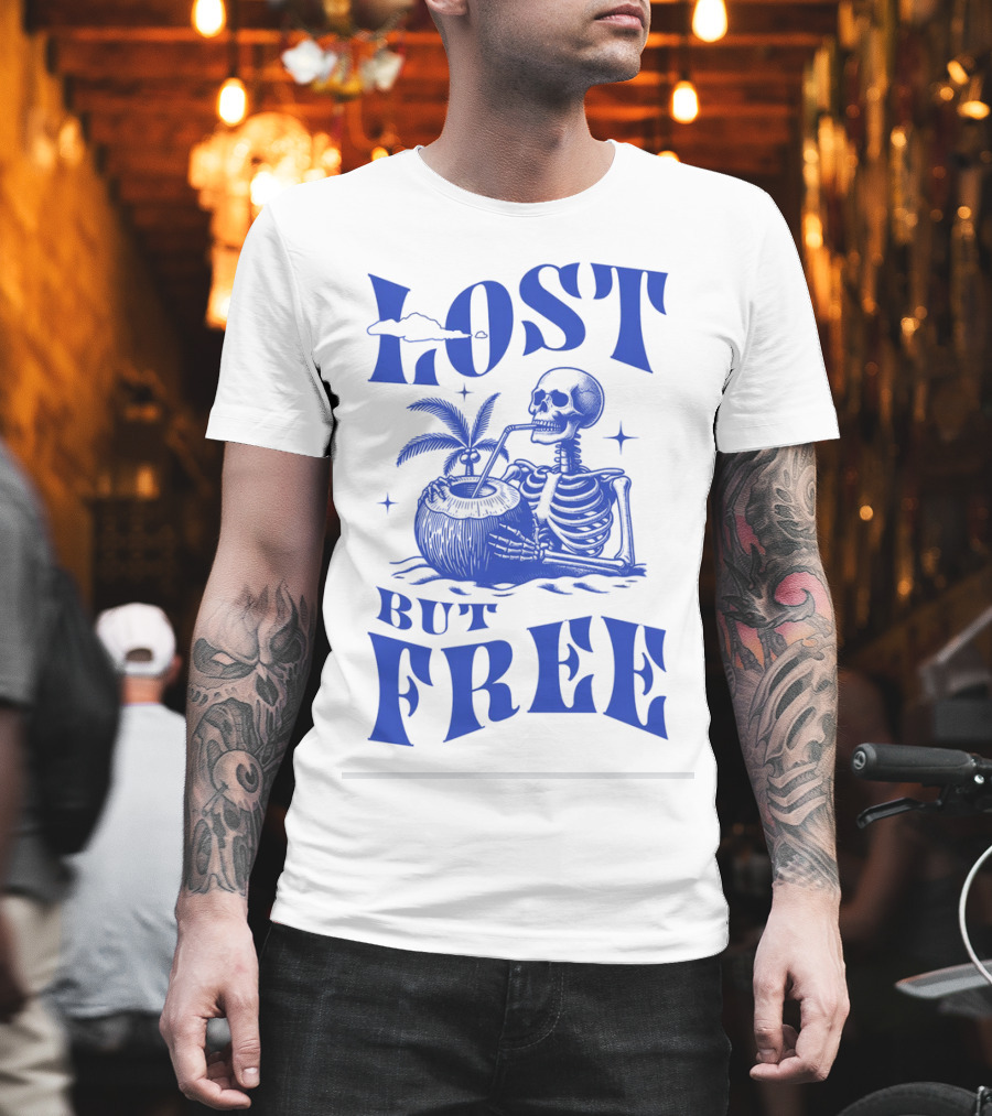 Lost But Free Skeleton With Coconut Drink Beach Vintage T-Shirt