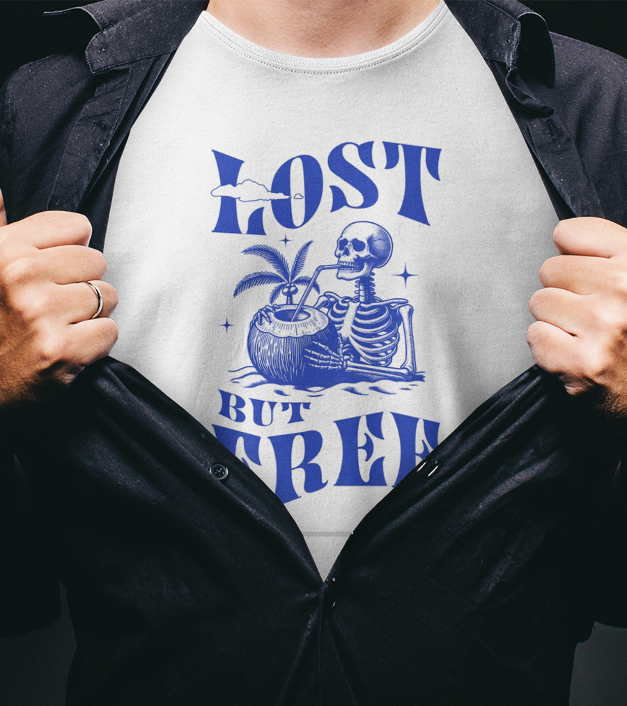 Lost But Free Skeleton With Coconut Drink Beach Vintage T-Shirt