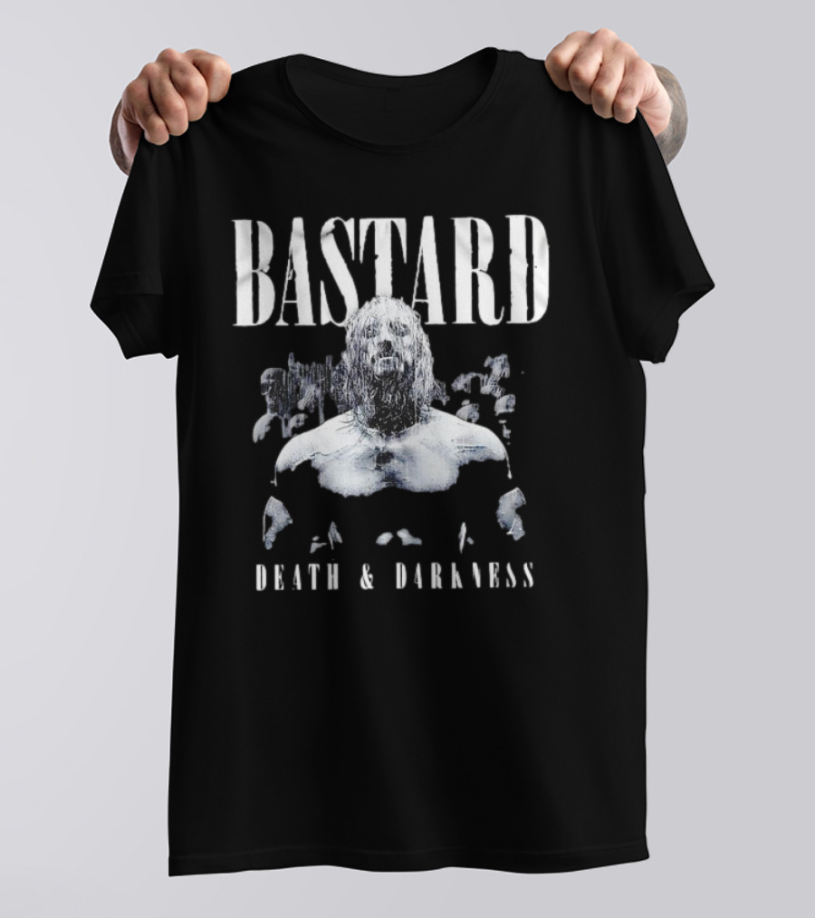 Bastard Death And Darkness Gritty Monochrome Warrior Surrounded By Shadowed Figures T-Shirt