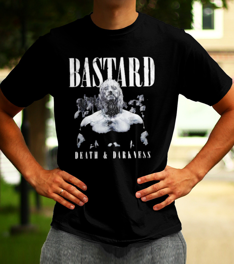 Bastard Death And Darkness Gritty Monochrome Warrior Surrounded By Shadowed Figures T-Shirt