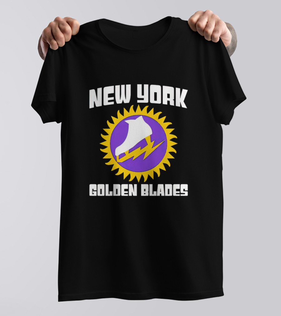 New York Golden Blades Ice Skate Logo With Purple And Gold Sunburst T-Shirt
