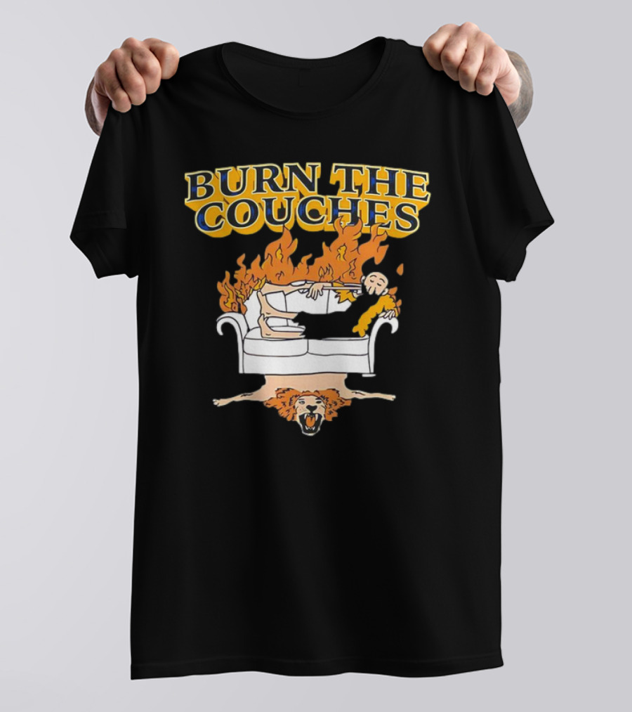 Burn The Couches Flaming Couch Cartoon Lion Rug T-Shirt