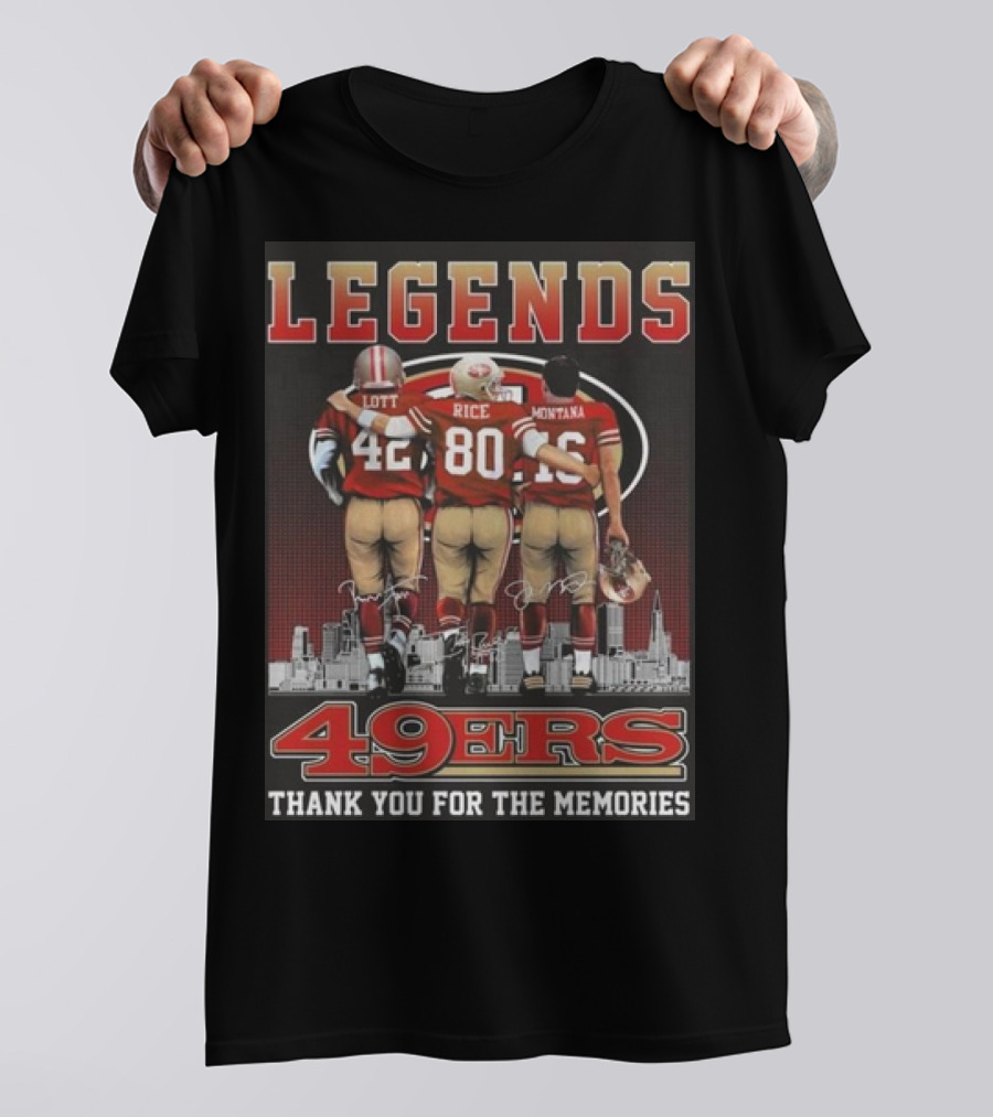 49ers Legends Montana Rice Lott Thank You For The Memories Skyline Signatures T-Shirt