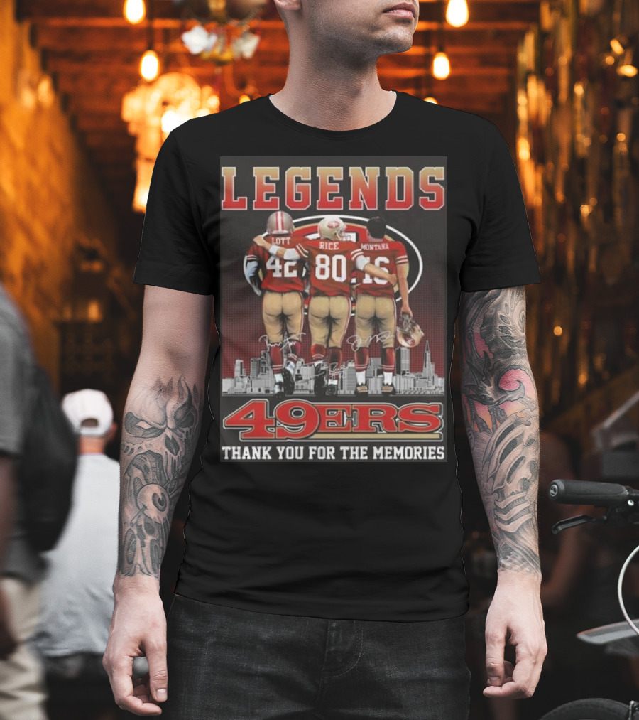 49ers Legends Montana Rice Lott Thank You For The Memories Skyline Signatures T-Shirt