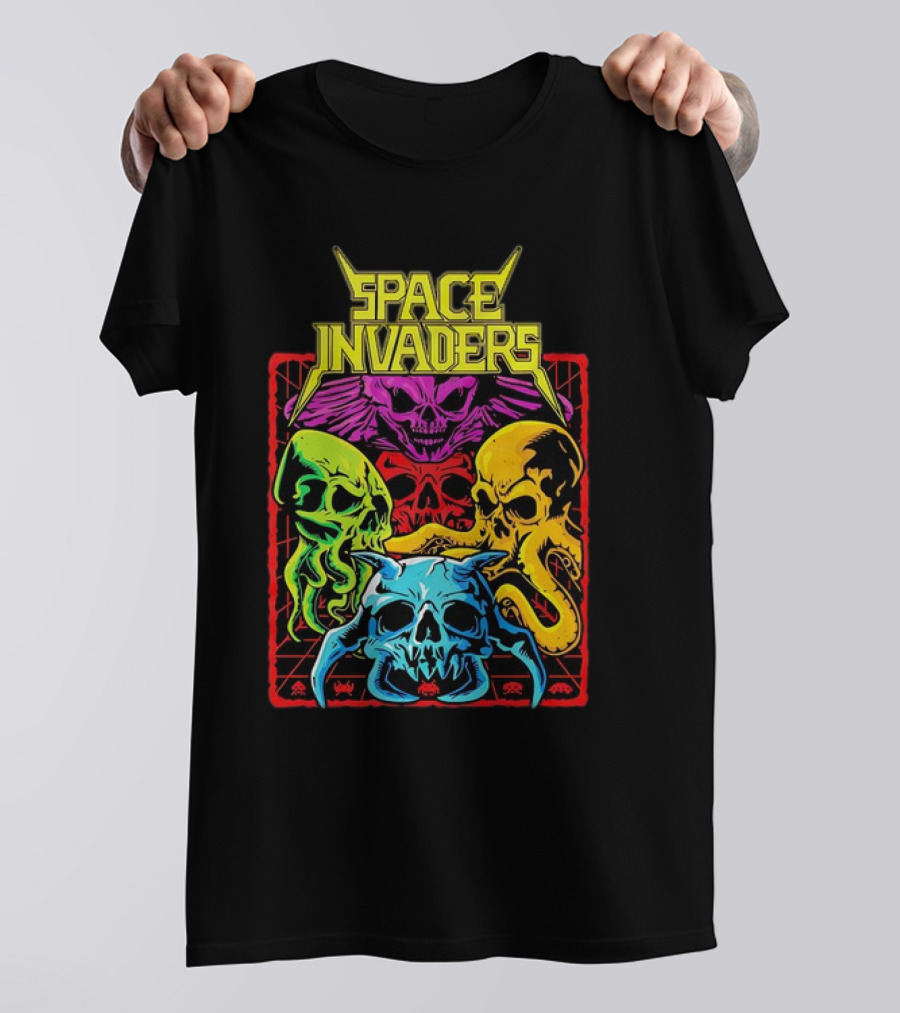 Space Invaders Neon Skull Cthulhu Quartet T-Shirt