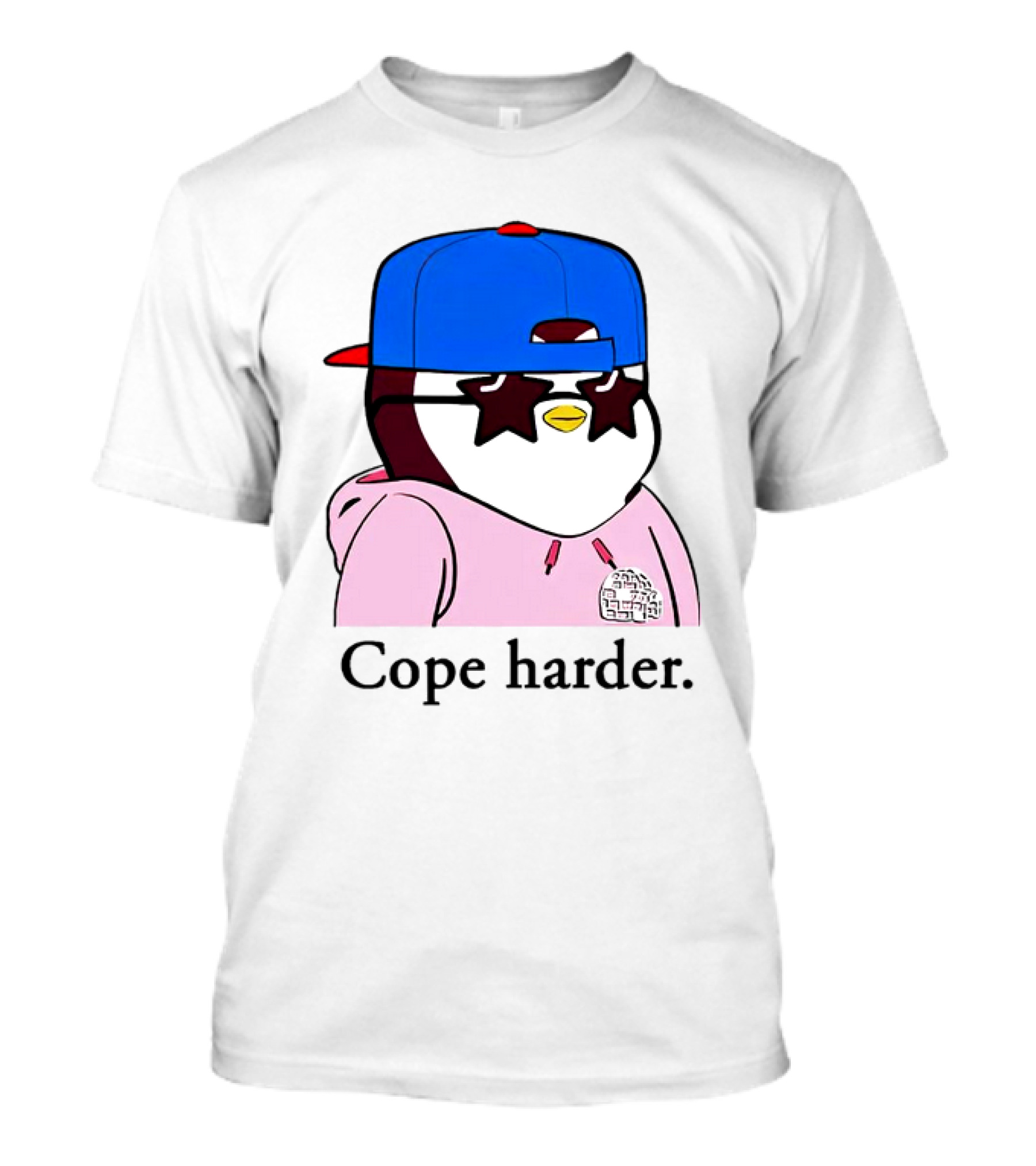 Pudgy Penguin Cope Harder Star Shades Blue Cap Pink T-Shirt