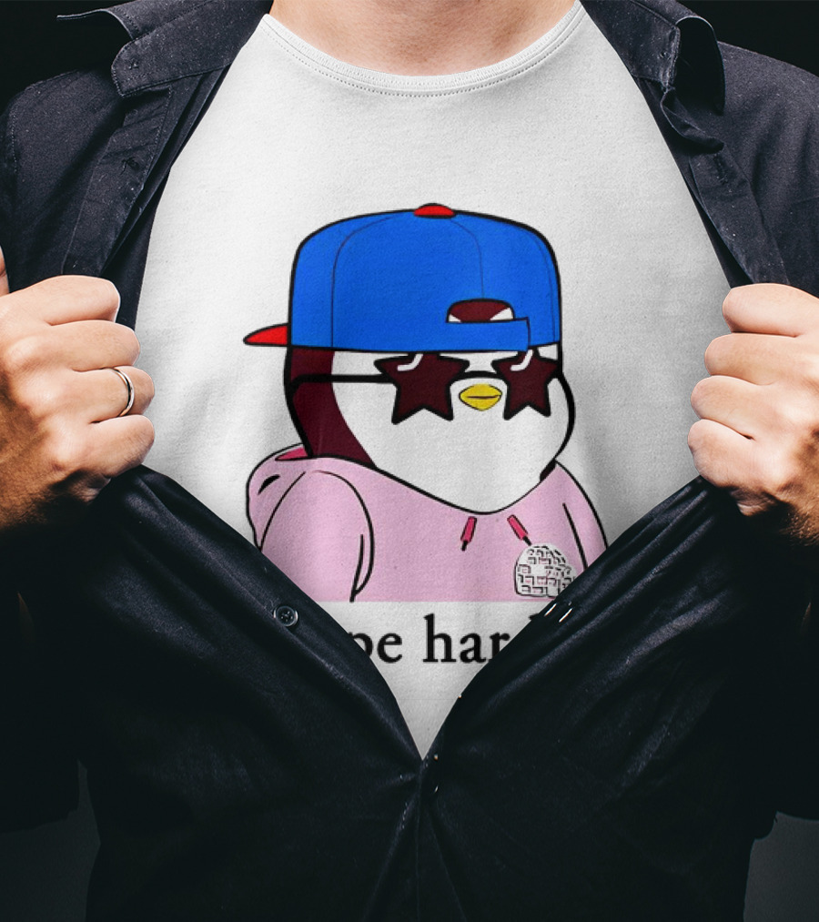 Pudgy Penguin Cope Harder Star Shades Blue Cap Pink T-Shirt