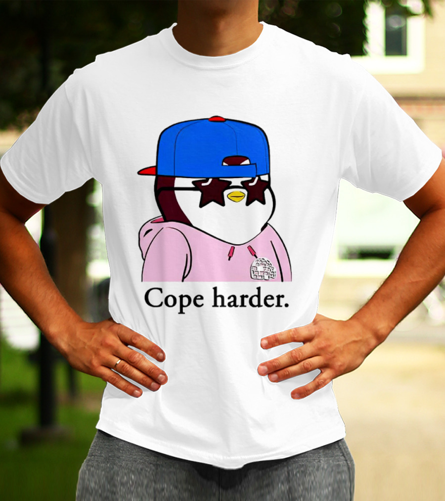 Pudgy Penguin Cope Harder Star Shades Blue Cap Pink T-Shirt