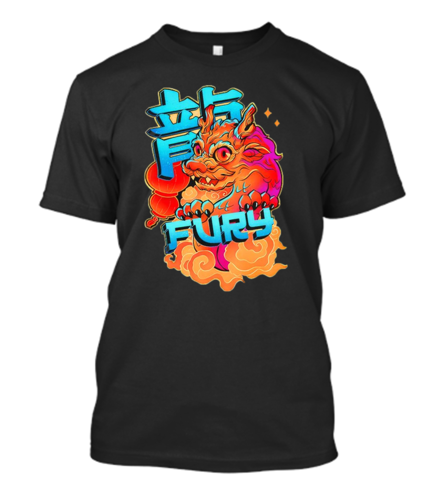 Dragon Fury Vibrant Mythical Creature With Neon Chinese Characters T-Shirt