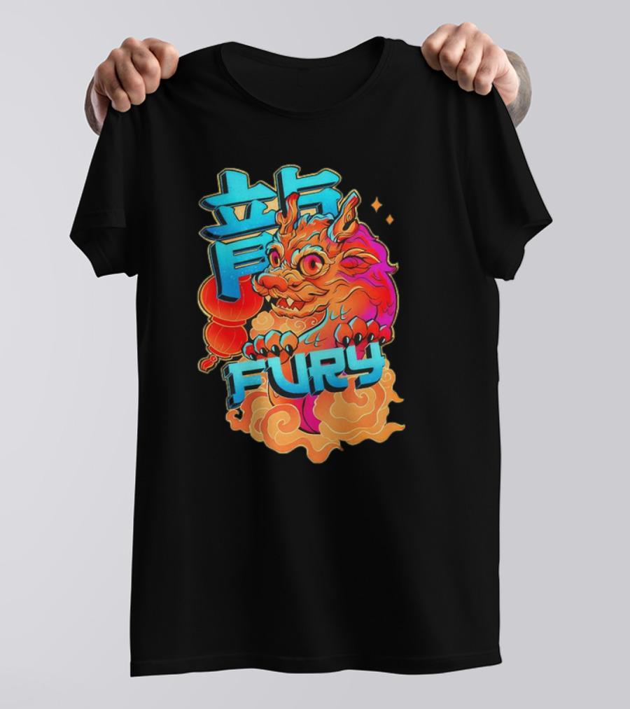 Dragon Fury Vibrant Mythical Creature With Neon Chinese Characters T-Shirt