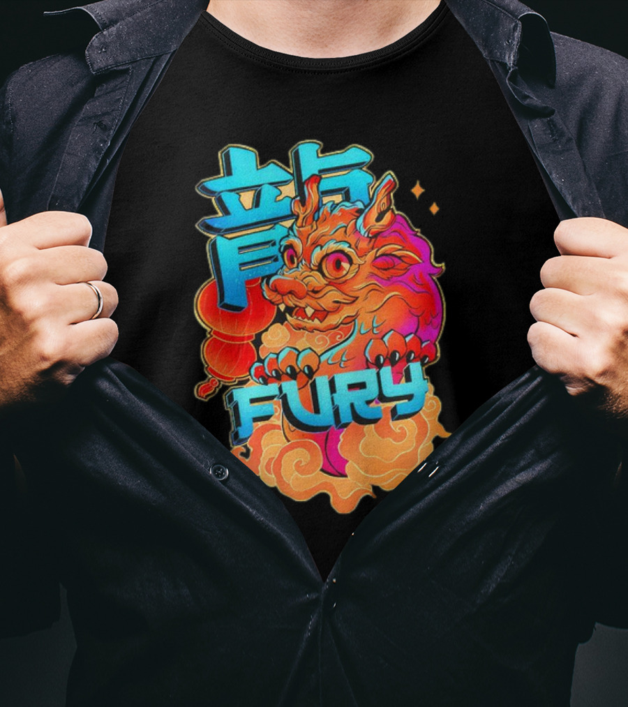 Dragon Fury Vibrant Mythical Creature With Neon Chinese Characters T-Shirt