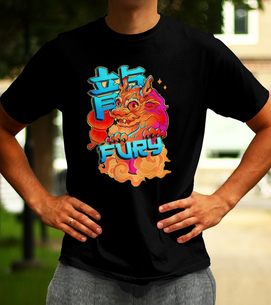 Dragon Fury Vibrant Mythical Creature With Neon Chinese Characters T-Shirt