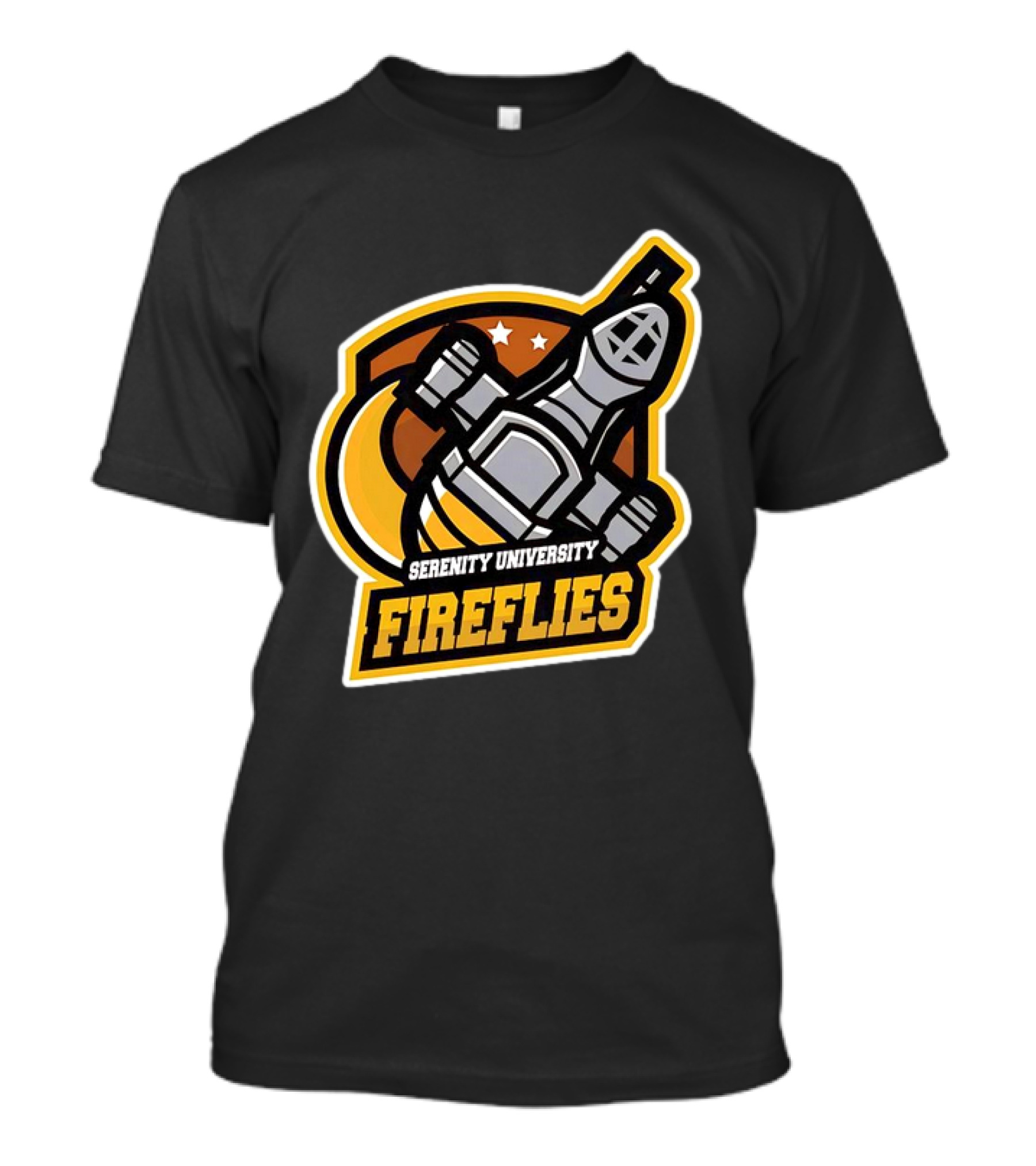 Serenity University Fireflies Spaceship Logo With Stars And Moon T-Shirt