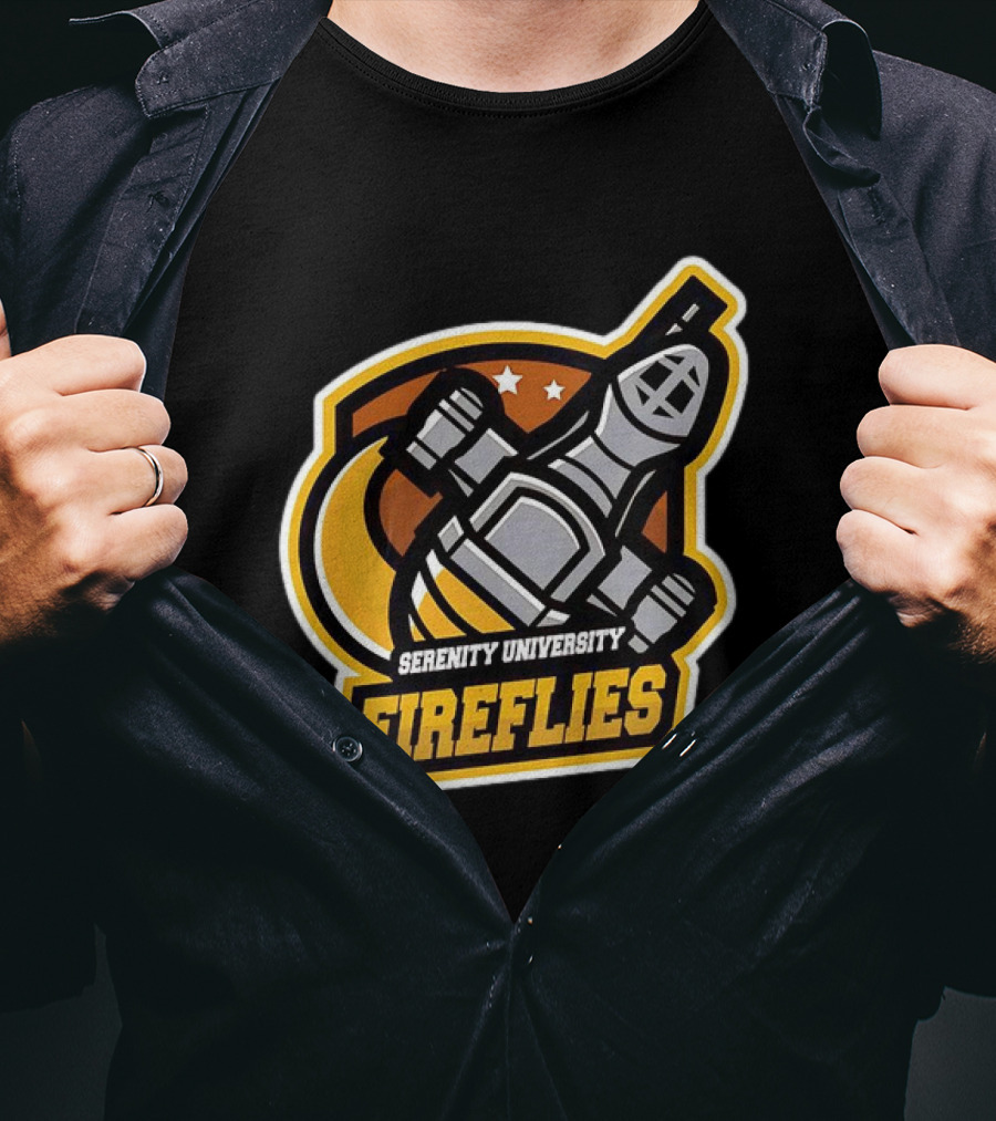 Serenity University Fireflies Spaceship Logo With Stars And Moon T-Shirt
