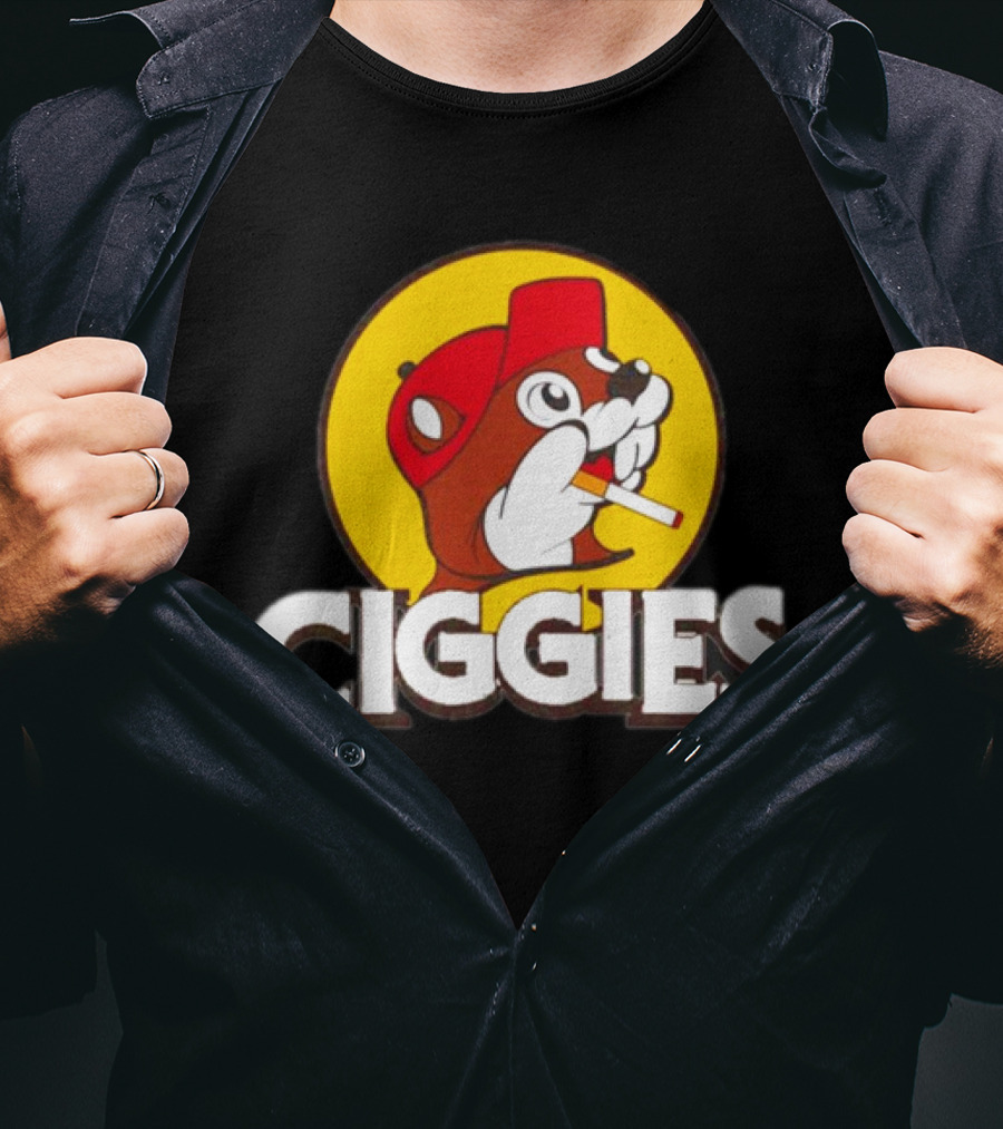 Buc-ees Ciggies Beanie Wearing Animal Carton Smoking Humorous T-Shirt