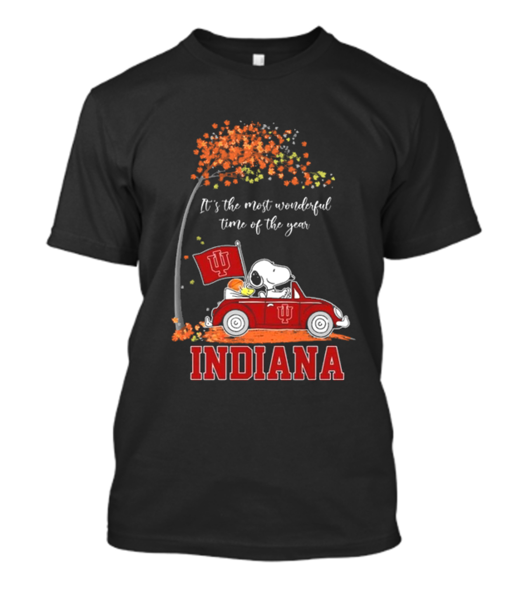 Indiana Hoosiers Snoopy And Woodstock Driving Car Fall It’s The Most Wonderful Time Of The Year T-Shirt