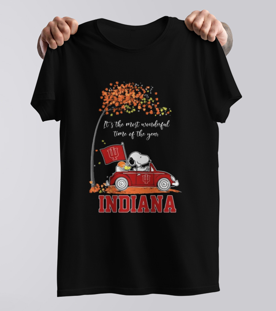 Indiana Hoosiers Snoopy And Woodstock Driving Car Fall It’s The Most Wonderful Time Of The Year T-Shirt