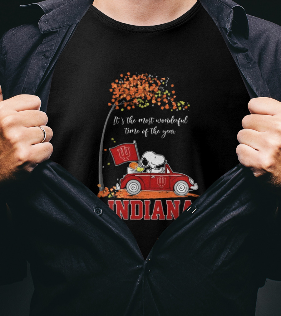 Indiana Hoosiers Snoopy And Woodstock Driving Car Fall It’s The Most Wonderful Time Of The Year T-Shirt