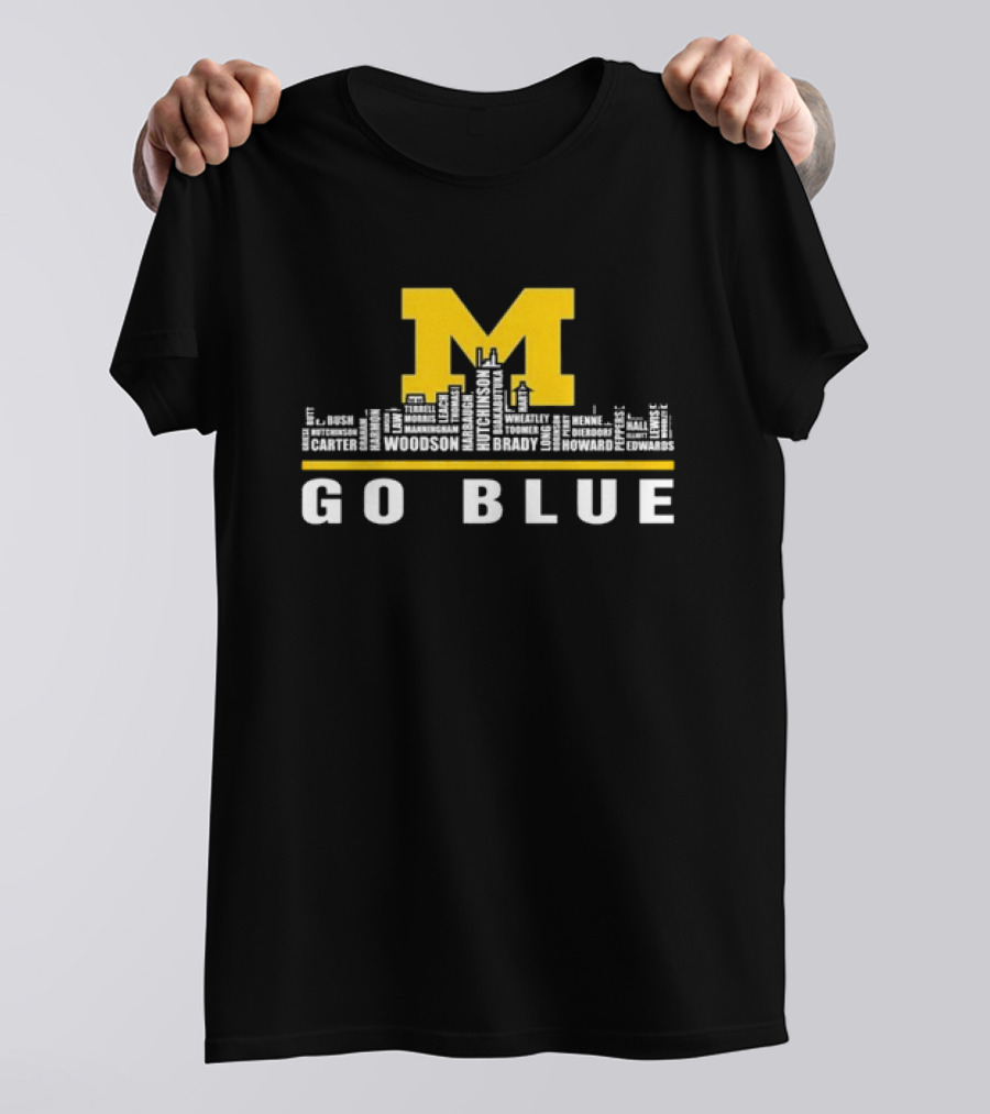 Michigan Wolverines Go Blue Skyline With Woodson Hutchinson Brady Names T-Shirt