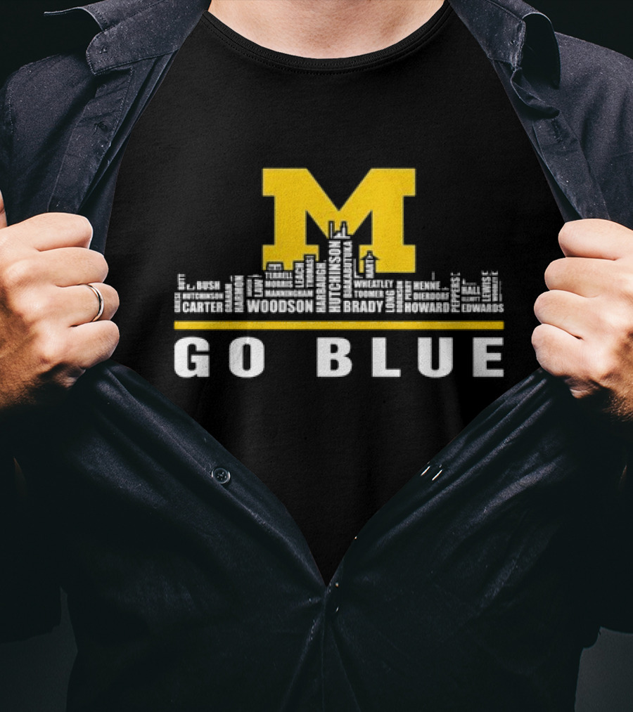Michigan Wolverines Go Blue Skyline With Woodson Hutchinson Brady Names T-Shirt