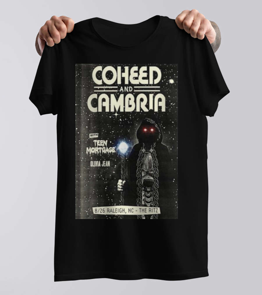 Coheed And Cambria 8/26 Raleigh NC The Ritz With Teen Mortgage Olivia Jean Mysterious Hooded Figure With Cosmic Background T-Shirt