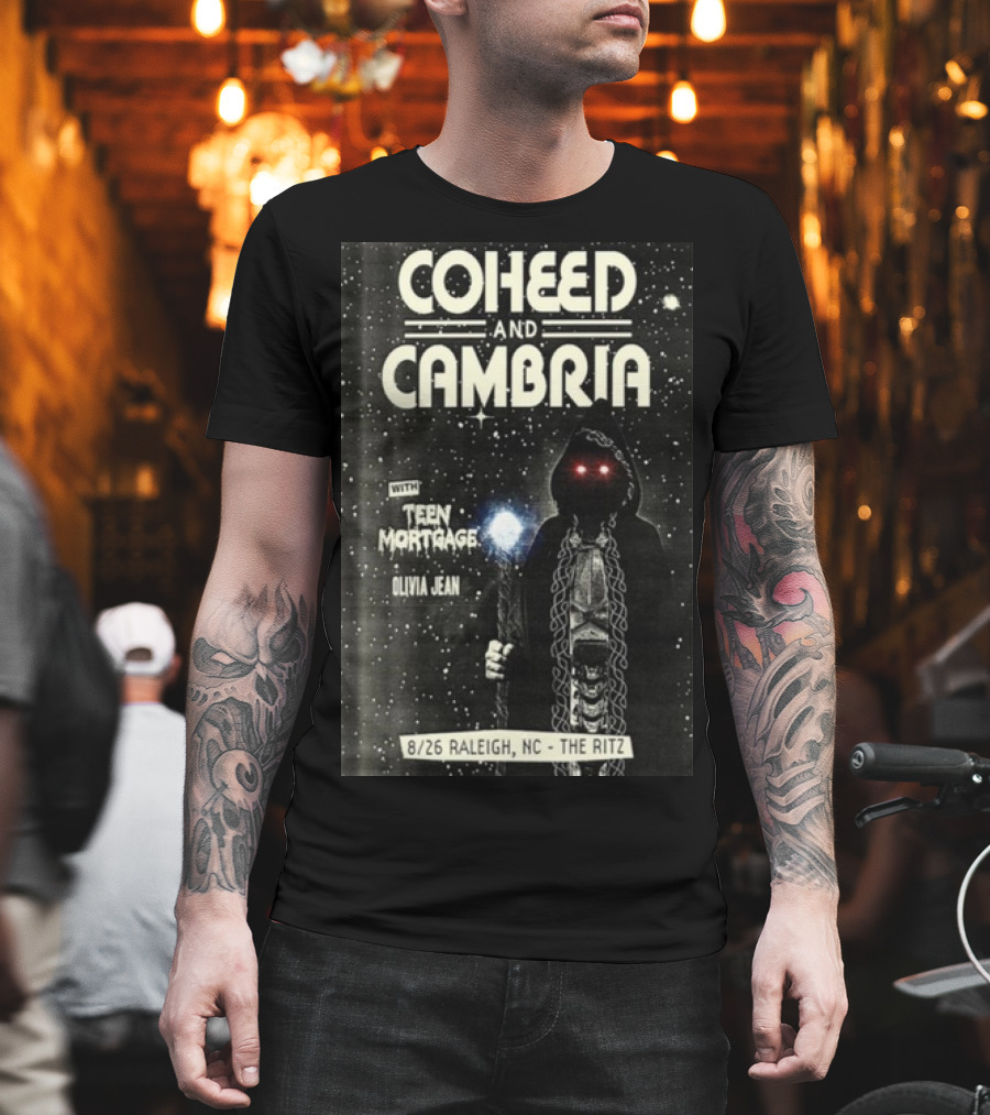 Coheed And Cambria 8/26 Raleigh NC The Ritz With Teen Mortgage Olivia Jean Mysterious Hooded Figure With Cosmic Background T-Shirt